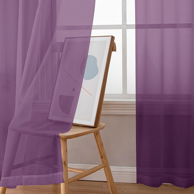 Simplebrand Plum Sheer Curtains 63 Inch Length 2 Panels, Rod Pocket Solid Color Window Sheer Curtain Panels, Elegant Curtains & Drapes for Living Room, Bedroom 2 Panels (Plum, 42" W x 63" L)