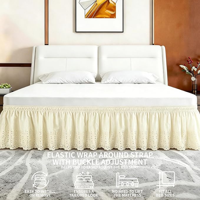 ANARACHON Twin Bed Skirt, Wrap-Around Elastic Ruffled Eyelet Bed Skirt Twin Size Dust Ruffle with Gathered Styling and Embroidered Details, 14" Drop Length (Light Yellow)