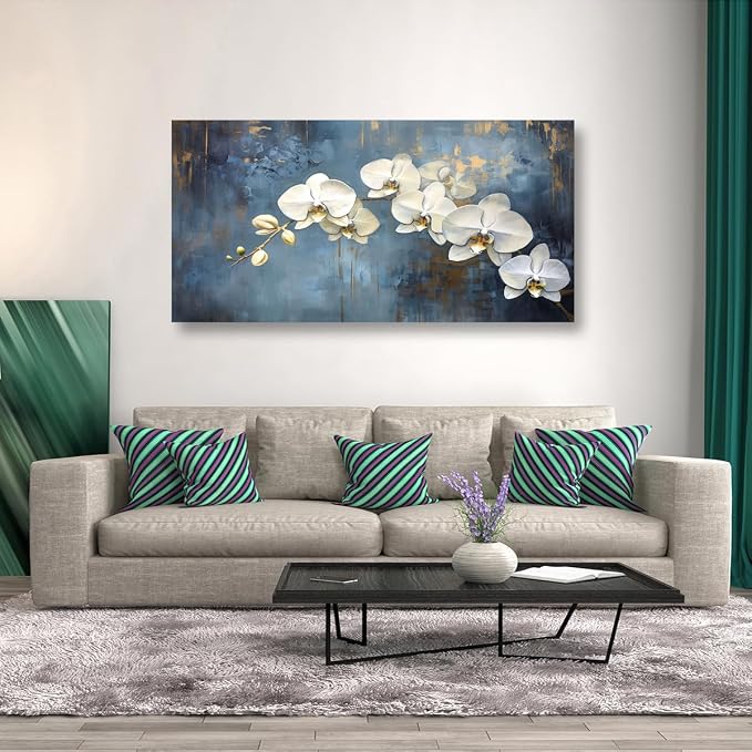 Abstract White Butterfly Orchid Canvas Wall Art for Living room Office Bedroom Flowers Wall Art Print Oil Paintings Modern Blue Gold Rain Mist Pictures Wall Decor Artwork Ready to Hang - 28in * 57inch