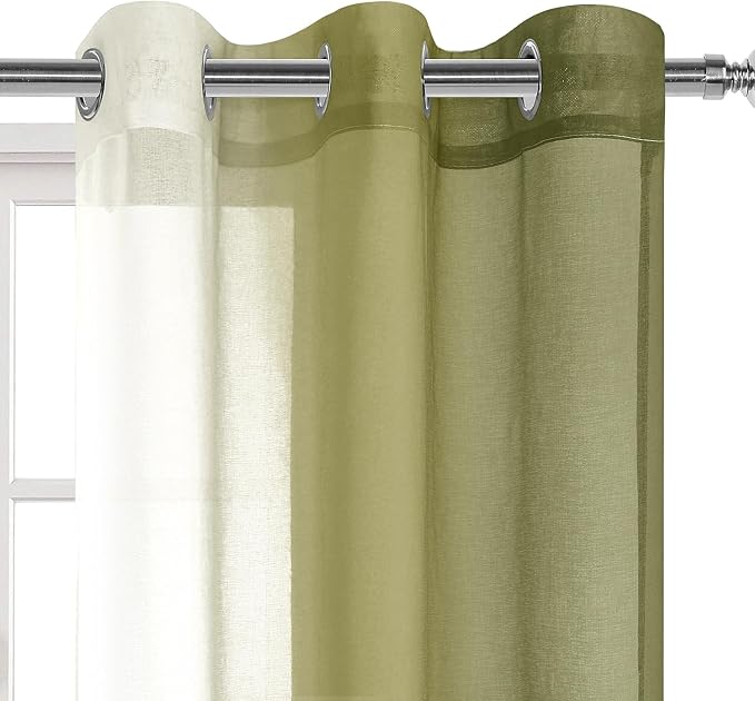 DWCN Olive Green Faux Linen Ombre Sheer Curtains - Gradient Semi Voile Curtains for Bedroom and Living Room, Set of 2 Grommet Top Window Curtain Panels, 42 x 63 Inches Long, Olive Green