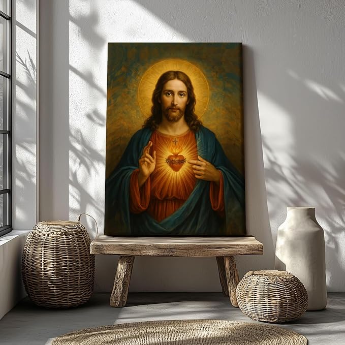 AUUAUU Sacred Heart of Jesus Wall Art Christian Canvas Painting 12x16 Inch | Religious Spiritual Picture Print Inspirational Artwork Christmas Wall Decor for Living Room Bedroom Ready to Hang