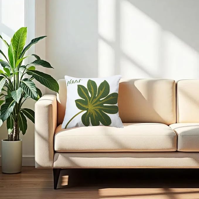 Embroidery Throw Pillow Cover 18x18 Green Tropical Leaf Loop Plant Word Embroidered Floor Pillow Cover for Couch 100% Cotton Decorative Cushion Cover Home Décor Pillow Case 45x45cm, 1 Piece
