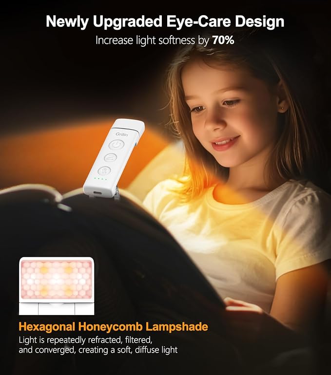 Gritin Book Light Rechargeable, Clip on LED Reading Light for Books in Bed