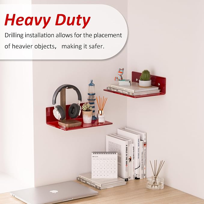 Sezanrpt 9 Inch Red Acrylic Small Wall Shelf, Home Wall Display Ledges for Storage, Room Décor, Space Saving, Items Organizer, 2 Pack