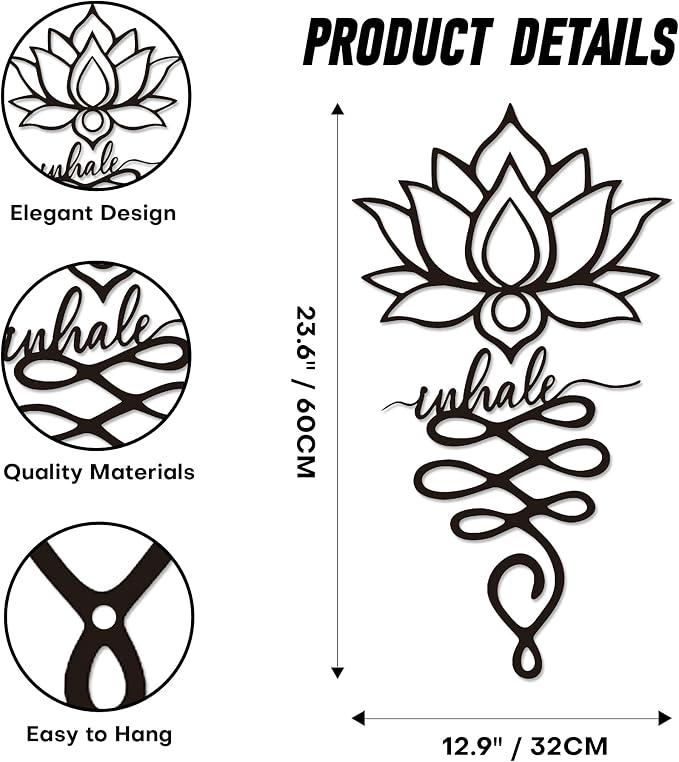 Xedatric 2 Piece Metal Lotus Wall Decor for Yoga Studio Matte Black | For yoga living room or office matte black solid metal 2 sizes 12.9 x 10.7 and 10.4 x 13.6 inch flexible layout