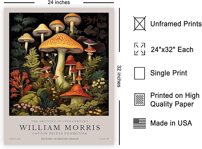 Poster Master Mushrooms Print - William Morris Poster - Botanical Flower Art - Floral Exhibition Wall Design - Farmhouse Illustration - Aesthetic Piece - Office or Bedroom Wall Decor - 24x32 UNFRAMED Wall Decor