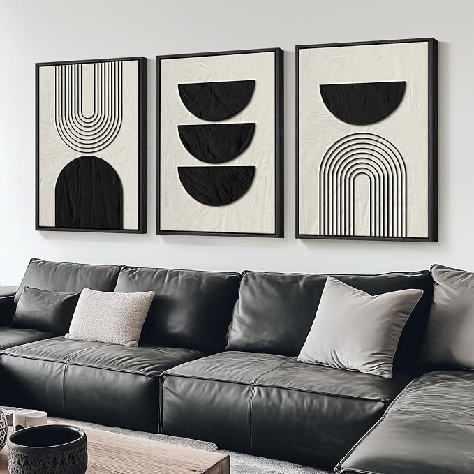 Large Framed Boho Neutral Abstract Wall Art, 3 Piece Canvas Prints 24x36 In | Black and Beige Geometric Pictures, Farmhouse Paintings, Vintage Artwork, Wood Frames, Living Room Office Bedroom Wall Decor