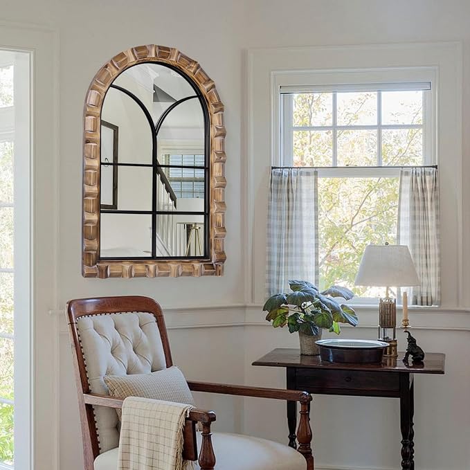 36x24 Inch Arched Window Pane Wall Mirror | Rustic Farmhouse Solid Wood Decorative Mirror for for Living Room, Bedroom, Entryway & Bathroom