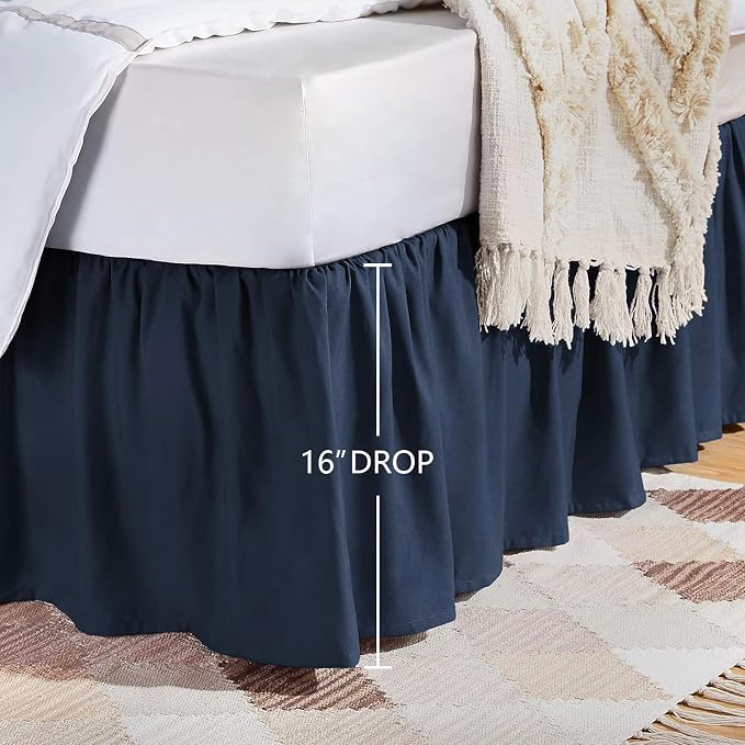Amazon Basics Lightweight Ruffled Bed Skirt, Classic Style, Machine Washable, Fade and Wrinkle Resistant, 100% Microfiber with 16" Drop, Queen, Navy Blue