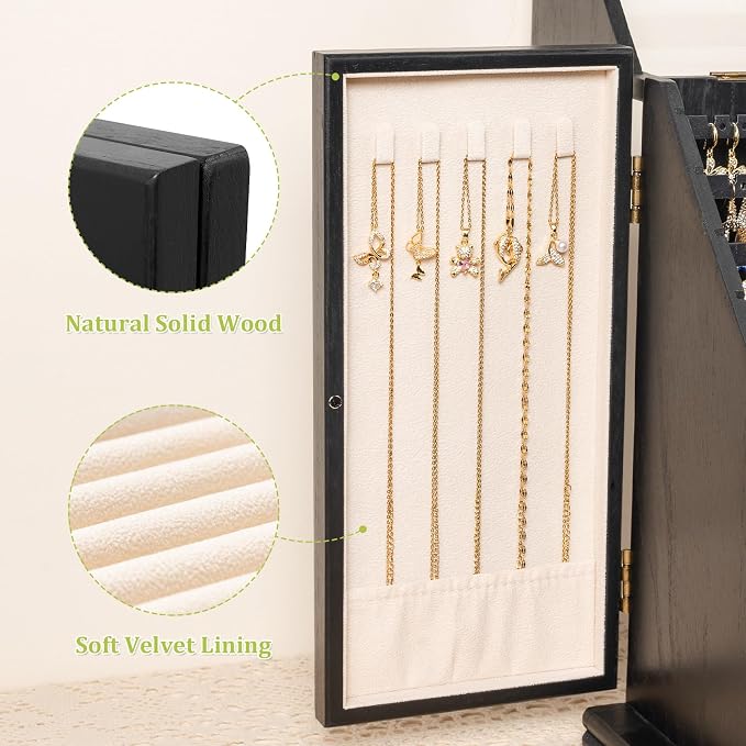Jewelry Box Organizer, Rustic Wooden Jewelry Boxes for Women Girls, Large Storage Earring Holder Organizer Display for Earrings Necklaces Rings Bracelets (Black)