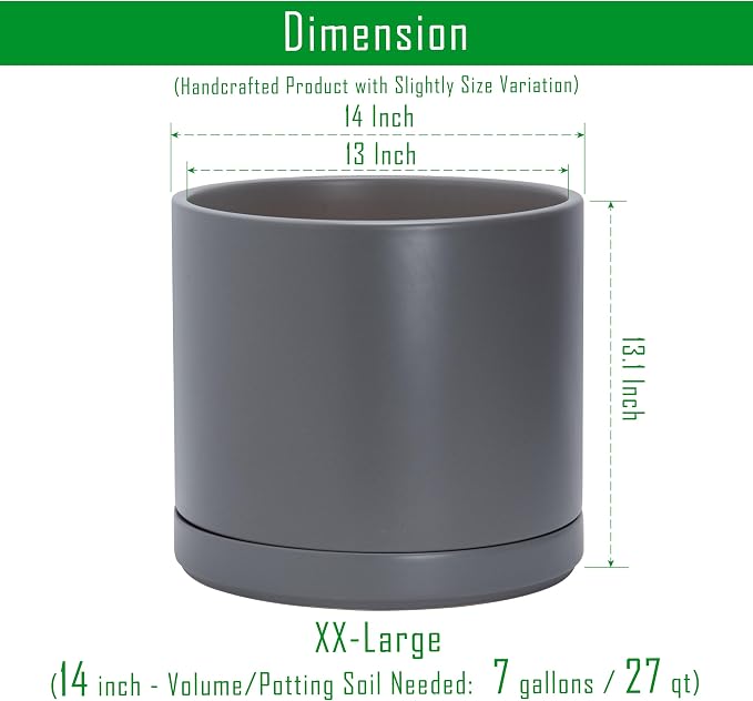 D'vine Dev 14 Inch Ceramic Planter Pot, Grey, 94-O-G-3 | Modern Cylinder Design, Drainage Hole & Saucer Included, Stable Structure, Elegant Home Accent