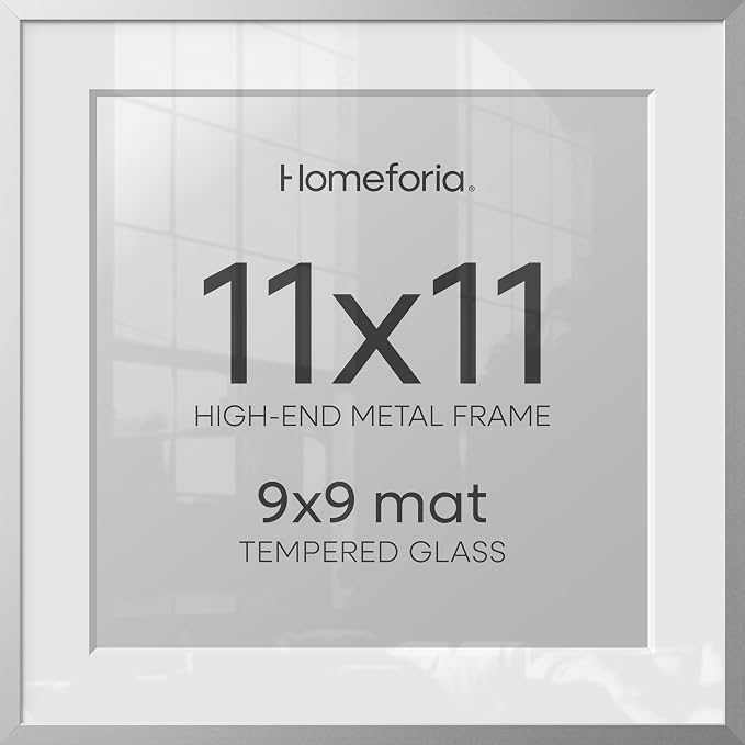 Homeforia 11x11 Silver Picture Frame, High-End Metal, 9x9 Mat, Glass
