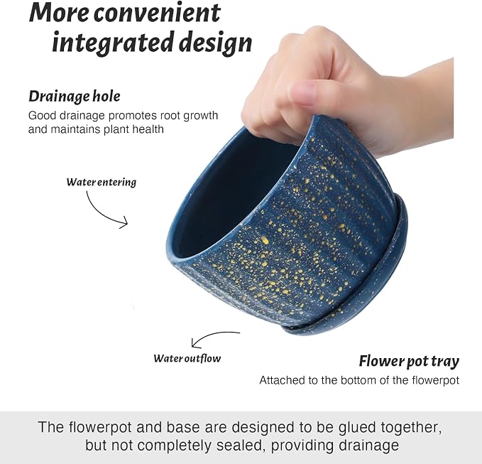 4/5/6 Inches Ceramic Plant Pots with Drainage Holes and Saucer Set of 3 | Round Planter for Small Indoor/Outdoor Plants with Modern Stripes Design, Blue with Gold Dot, Decorative Flower Pots