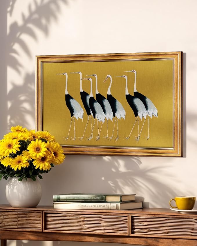 WHASAYART Gold Framed Vintage Wall Art for Living Room, Animals Painting Prints Shelf Decor for Kitchen, Aesthetic Bedroom Wall Art Decor, Christmas Gifts for Friends or Family Seven Cranes 16"x24"