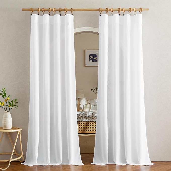 NICETOWN Linen White Curtains for Living Room, Rod Pocket & Back Tab Flax Linen Window Treatments Privacy Added with Light Filtering Drapes for Bedroom/Nursery, W55 x L95, 2 Panels