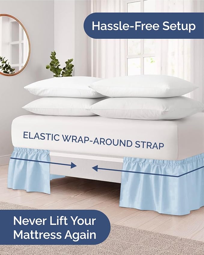 Wrap Around Dust Ruffle Bed Skirt - Sky Blue - for Queen Size Beds w/ 18 Inch Drop - Easy Fit Elastic Strap - Adjustable Pleated Bedskirt w/Brushed Fabric - Wrinkle Free - Women, Men, Kids & Teens