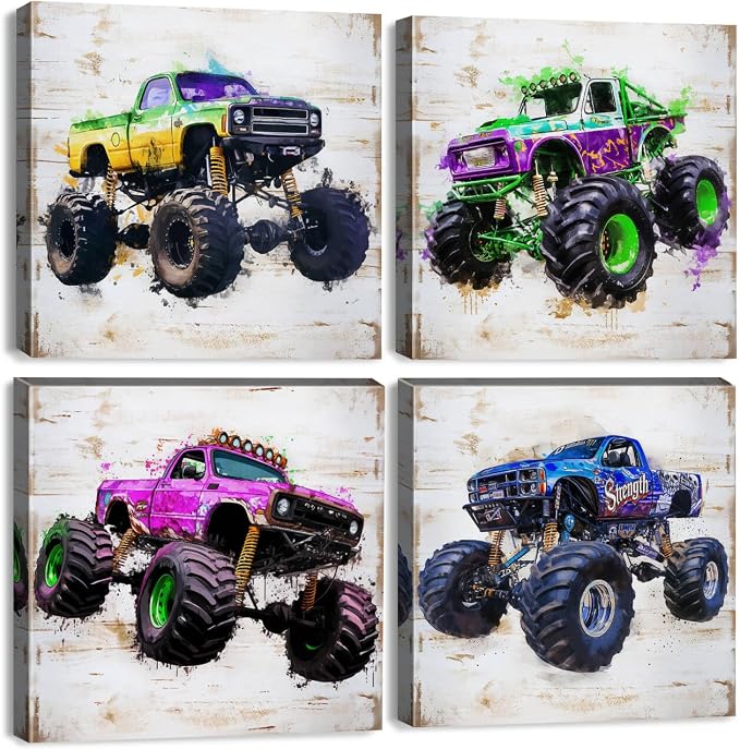 Monster Truck Canvas Wall Art for Boys Room Decor Vintage Car Posters Kids Wall Art, Watercolor Trucks Poster for Boy Bedroom Playroom Vehicle Wall Decor Nursery Paintings Home Decoration 12×12" 4 Pcs