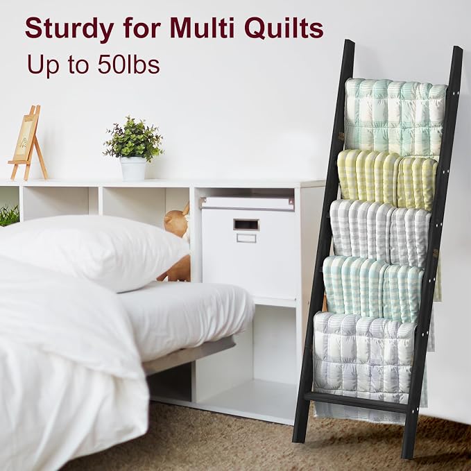HONEST OUTFITTERS Blanket Ladders for The Living Room, 6-Tier Blanket Holder, Wall-Leaning Blanket Rack, Ladder Shelves, Wooden Quilt Ladder, Farmhouse Decor, Black