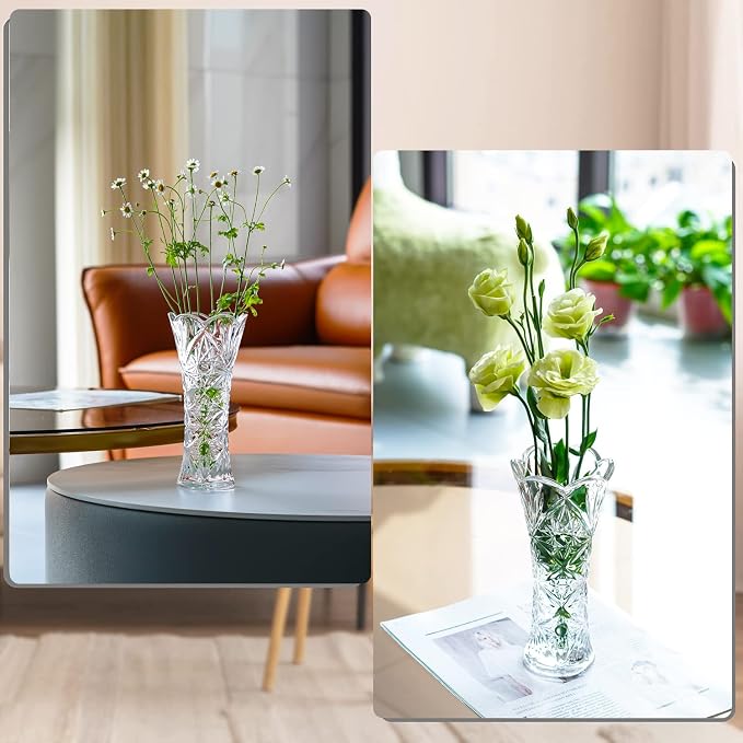 7.6" Tall Glass Flower Vase, 1 Piece Thickened Crystal Vase for Flowers | Clear Flower Vase for Bouquet, Sunflower Design Decorative Vase for Living Room Dining Table Centerpiece, Wedding Gift