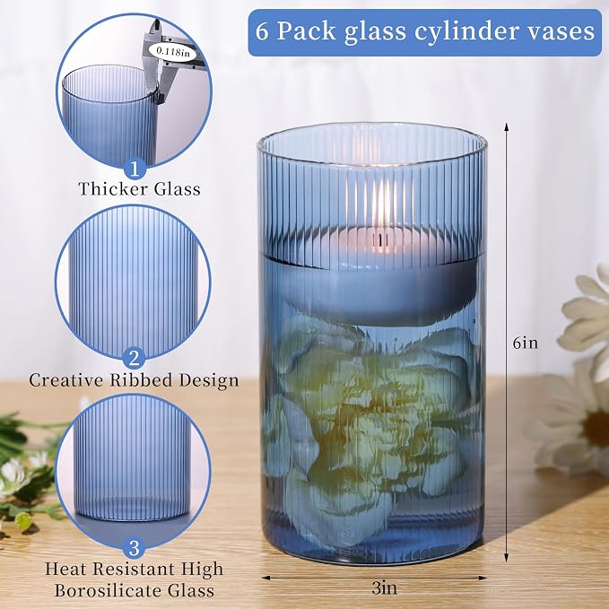 Glass Cylinder Vase 6 Inch Tall- Blue Ribbed Decor for Wedding Centerpieces | Decorative Flower Vase, Hurricane Floating Candle Holder, Christmas Decor, Reception Table, Home Accent, Housewarming Gift