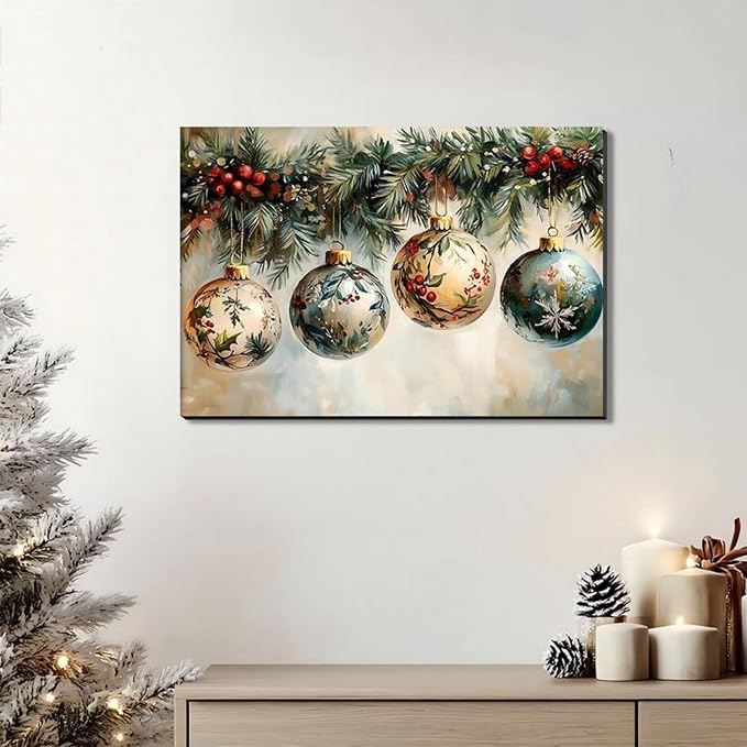 FLZYKGPA Vintage Christmas Canvas Pictures for Living Room & Bedroom Decor, Christmas Wall Decor 16x24in, Holiday Wall Art for Office, Floral Christmas Painting, Victorian Flower Holly Garland