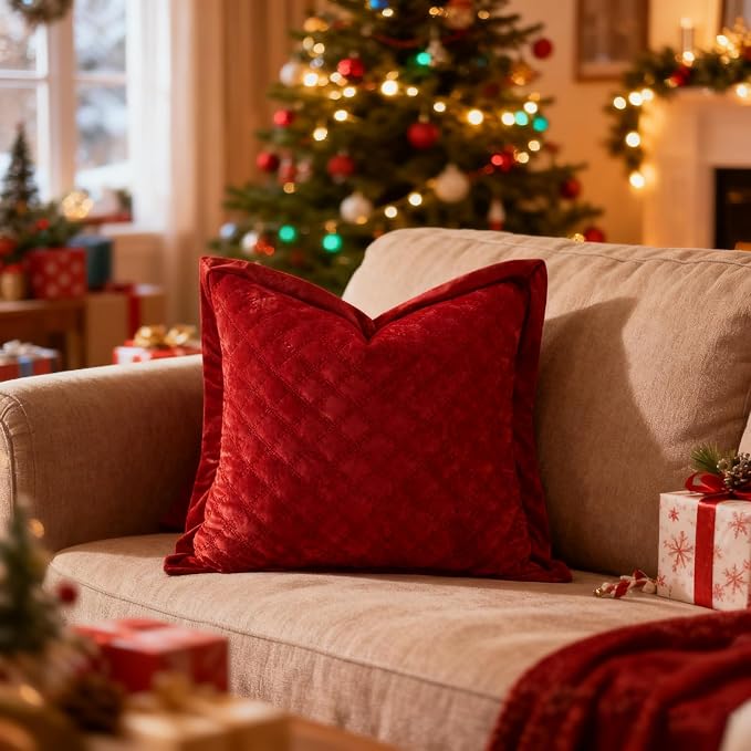 Throw Pillow Cover 18x18 1 Piece Velvet Square Pillowcase Soft Skin-Friendly Cross Process Decorative Farmhouse Cushion Covers for Couch Sofa Bedroom Living Room,Red