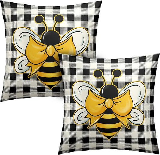 Honeybee Decorations Pillow Covers Black and White Buffalo Plaid Couch Cover 20 x 20 Spring Summer Throw Pillows Case Set of 2 Bees Home Decor for Indoor Living Room Bed