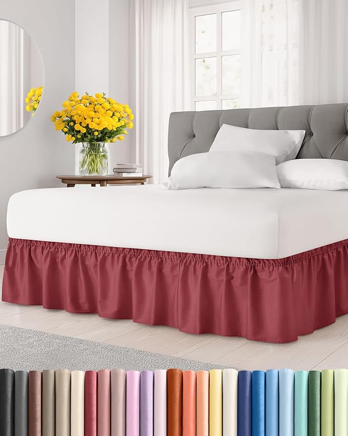 Wrap Around Dust Ruffle Bed Skirt - Burgundy - for Twin Size Beds w/ 9 Inch Drop - Easy Fit Elastic Strap - Adjustable Pleated Bedskirt with Brushed Fabric - Wrinkle-Free - Women, Men, Kids & Teens