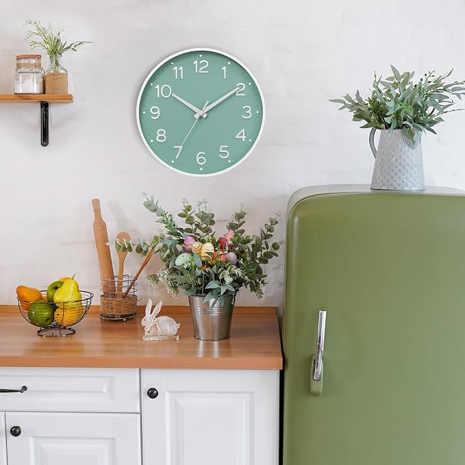 Roymnie 8 Inch Wall Clock, Battery Operated Silent Non Ticking Analog | Mint Green modern analog; large 3D easy-read dial for kitchen, office, bathroom & bedroom; 1 AA battery (not included)