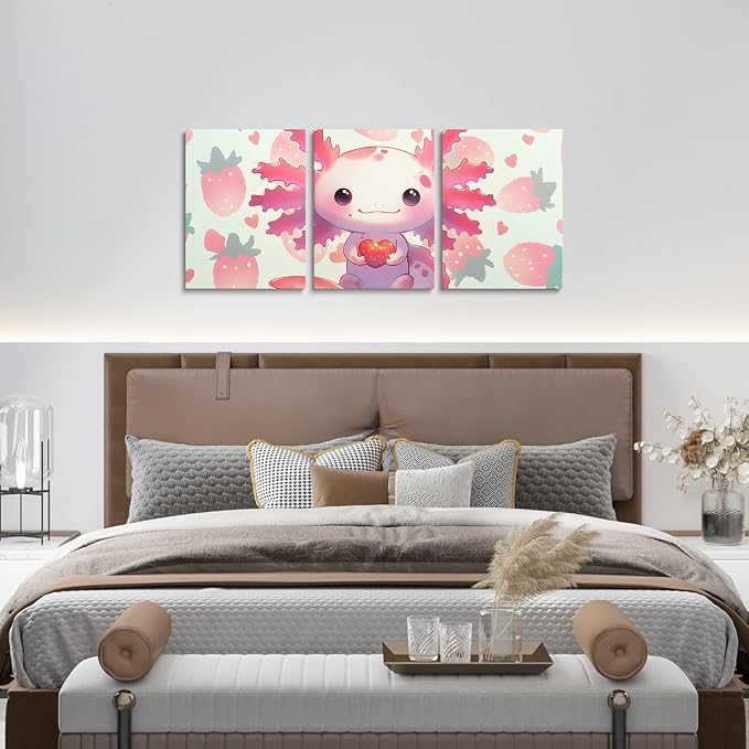 Feelyou Kids Cute Axolotl Wall Painting Posters Kawaii Animal Picture Wall Decor Strawberry Canvas Wall Art for Living Room Bedroom Boys Girls Princess Cute Fruit Bathroom Wall Art 12"x16"x 3Pcs