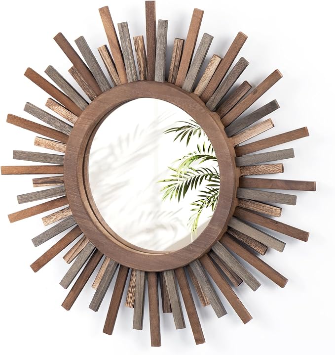 18 Inch Boho Sunburst Mirror, Decorative Rustic Farmhouse Wall Decor for Living Room, Bedroom, Bathroom, Hallway - Tricolor Wood Frame