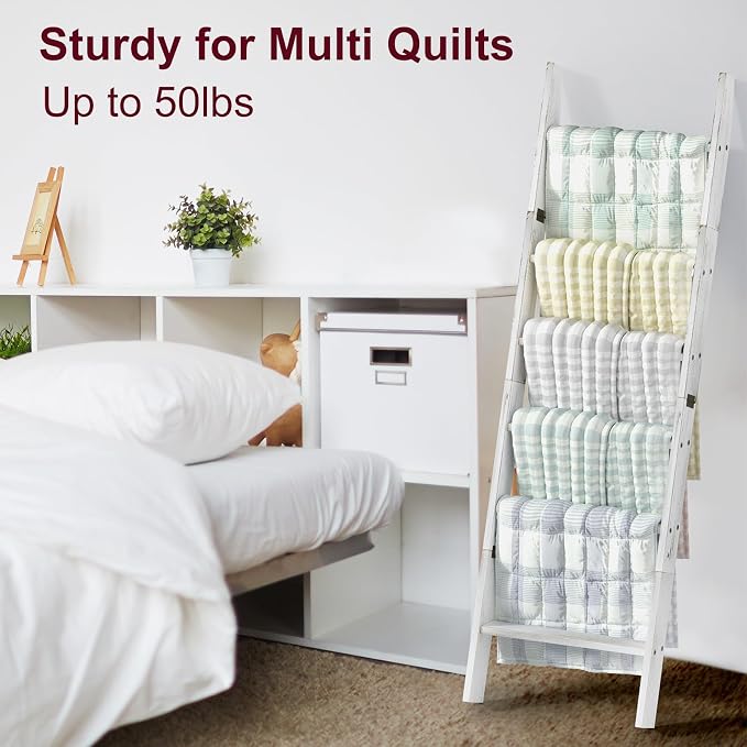 Honest Blanket Ladders for the Living Room, 6-Tier Blanket Holder, Wall-Leaning Blanket Rack, Ladder Shelves, Wooden Quilt Ladder, Farmhouse Decor, White
