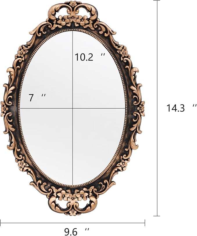 Tstarer Vintage Decorative Gold Framed Mirror, Wall Hanging Mirrors & Tabletop Tray for Bedroom Living Room Dresser Decor, Oval- 9.6" W x 14.3" L (BRONZE-2PACK)
