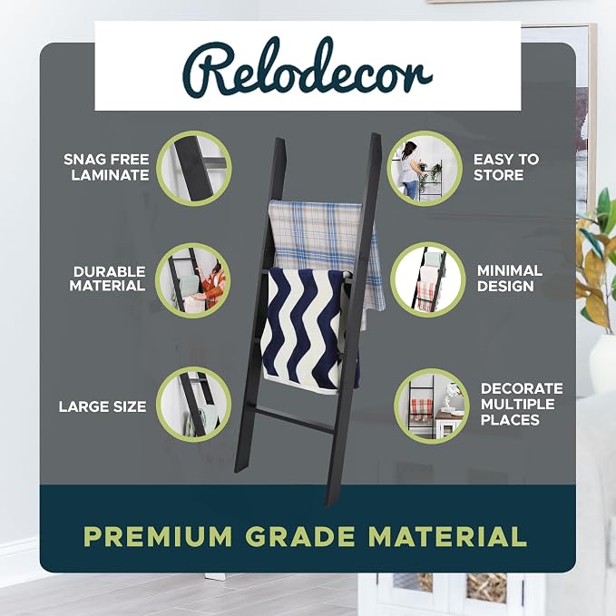 Blanket Ladder for the Living Room and Bedroom, Quilt Rack, 4-Tier, Black | 4 ft, Wall Leaning Blanket Holder, Laminate Snag Free, Rustic Decorative Farmhouse Ladder Shelf for Blankets