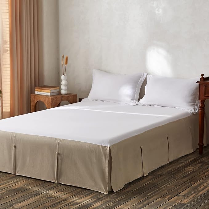 BISELINA French Linen Bed Skirt Split Corner with Button 18-Inch Tailored Drop Natural Flax Cotton Blend Basic Dust Ruffle Soft Cozy (18" Queen,Button Linen)