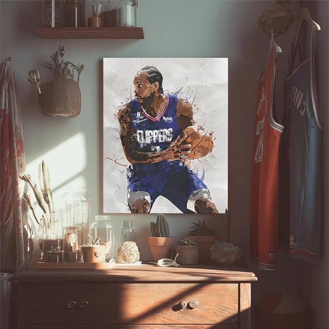 Kawhi Leonard Basketball Canvas Wall Art, Sports Player Poster, 12x16 Inch | Abstract splash ink athletic artwork, motivational sports wall decor for teen boys room, bedroom, living room, gym or office