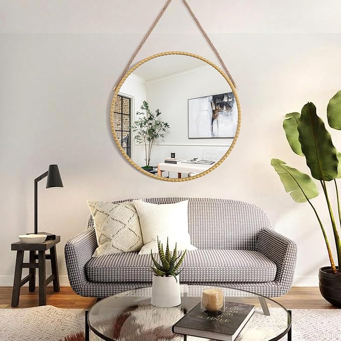 Circle Hanging Mirror Metal Framed Modern Wall Decorative Hanging Mirror Round Mirrors with Hanging Rope and Beaded for Bathroom Living Room Gold 24"