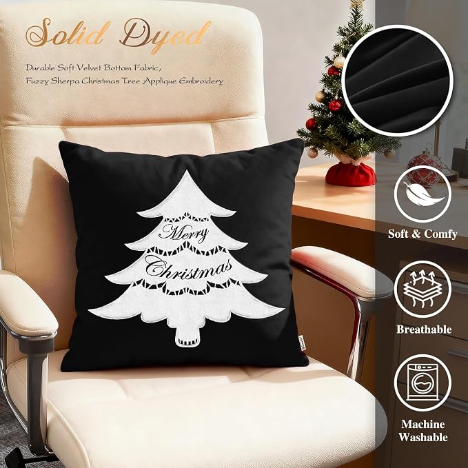 BRAWARM Christmas Pillow Cover 18 X 18 Inches, Black Christmas Tree Embroidered Pillow Cover, Soft Velvet Decorative Throw Pillow for Couch Bed Sofa Living Room Home