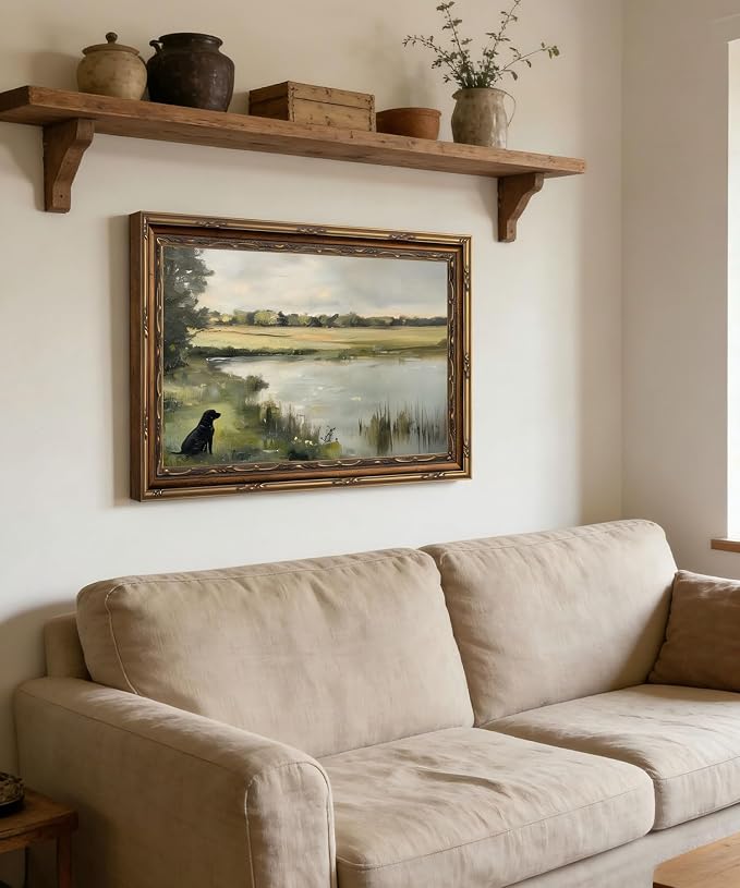 Vintage Gold Framed Wall Art Vintage Hunting Black Dog Wall Art Rustic Black Labrador Pond Landscape Wall Decor Picture Country Nature Farmhouse Animal Poster Print for Living Room Bedroom 9x11in