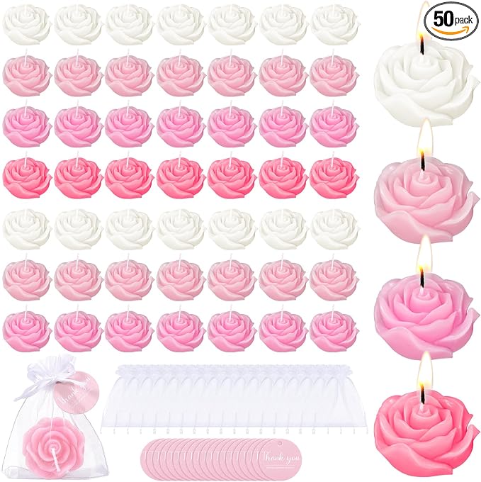 Treela 50 Set Rose Flower Candles, Pink Series Wedding Favors for Guests
