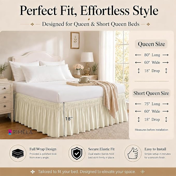 RIMELA Butter Yellow Bed Skirt Queen Size 18 Inch Drop, Elastic Bed Skirting for Bed Base and Frame, Bedding Dust Ruffle Easy to Install, Lightweight Wrap Around Adjustable Bedskirt | Solid Ruffled, Easy to Use, No Mattress Lifting, Wrinkle & Fade Resi...