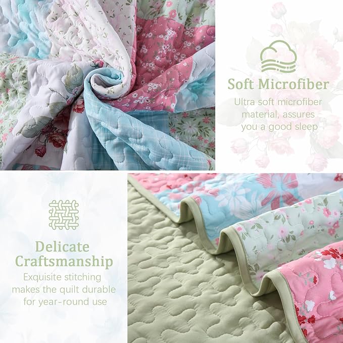 Mybedsoul Boho Quilt King Size, Patchwork Floral Bedding Set, Blue Pink | Soft Lightweight Microfiber Coverlet Set, 3 Pieces Plaid Reversible Bedspread, Bed Sets for All Seasons 90"x110"