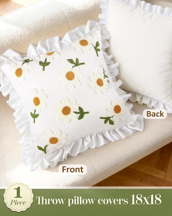 Embroidered Throw Pillow Cover - 18x18 Decorative Pillow Cover with Zipper Aesthetic Cute Design Boho Spring Summer Throw Pillowcase for Living Room Couch Sofa Bed, Ruffle Daisy