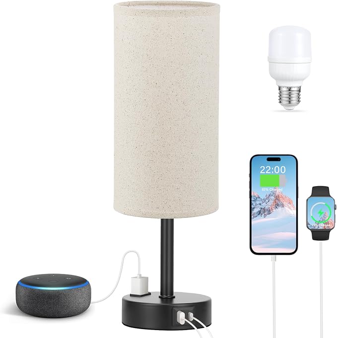 Fenmzee Beige Bedside Lamp for Bedroom, Dimmable Touch, USB A+C, AC Outlet