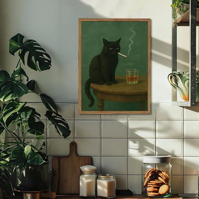 Moody Black Cat Wall Art, Funny Smoking Cat with Whiskey Wall Decor Painting Dark Humor Animal Bar Cart Poster Canvas Prints for Living Room Bedroom 12x16 inch Wood Framed