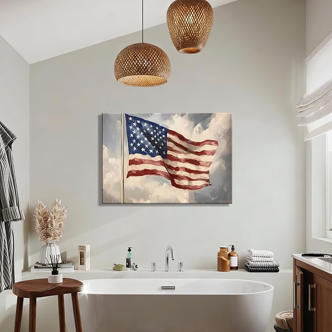 Vintage American Flag Framed Canvas Wall Art 12x18in, Patriotic Oil Painting Canvas Print, 4th of July Independence Day Wall Decor for Living Room, Bedroom, Office, Made in USA