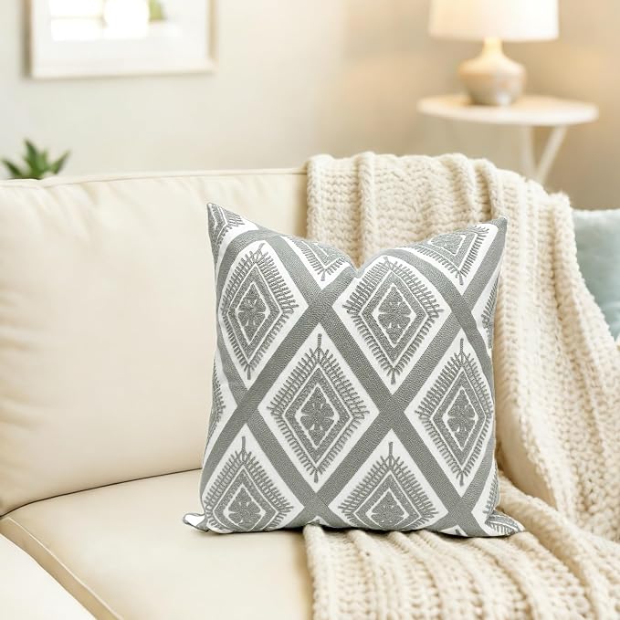 Slow Cow Embroidery Throw Pillow Cover Decorative Cushion Cover 20 x 20 Inch Grey