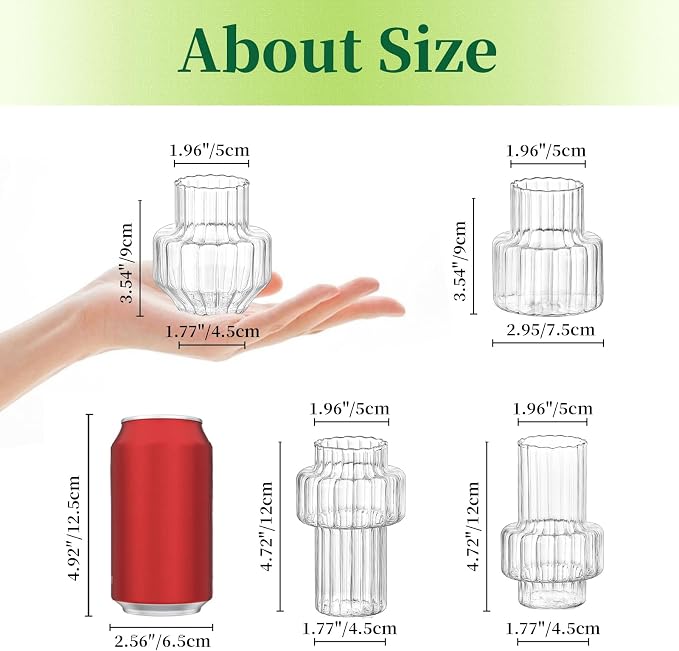 Hewory Ribbed Bud Vases for Centerpieces: 16PCS Small Flower Vases Bulk | Modern Glass Jars for Wedding Table Decor, Assorted Clear Floral Arrangement, Mini, Fluted, Pleated, Set