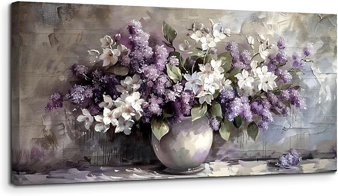 SERIMINO Still Life Large Wall Art, Purple Floral Canvas Prints 20"X40" | Vintage Vase Flowers Wall Decor, Purple Floral Pictures, Living Room Bathroom Kitchen Decor, Ready To Hang, Vibrant Colors