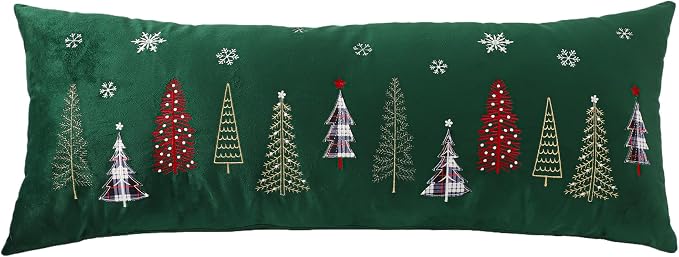 Christmas Embroidery Throw Pillow Covers 14 x 36 inch Christmas Dec Velvet Pillowcases Forest Green Xmas Tree Cushion Pillow Cases Soft Lumbar Holiday Pillowcase(1 Piece)